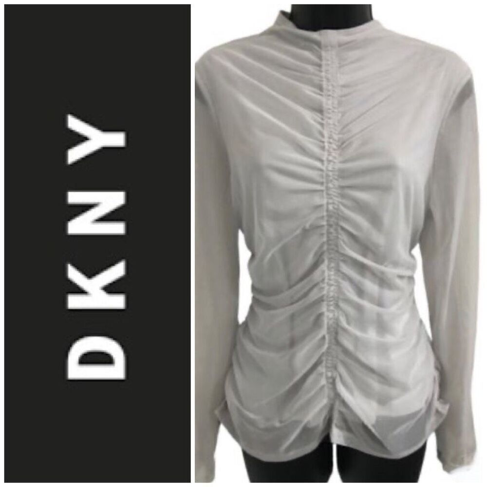 Dkny - Nwt - Hp L Sz Xs Bodycon Ruched All-Over-Mesh Long Sleeve Funnel Neck
